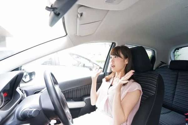 Young Asian Woman Driving Car Traffic Accident — Stock Photo, Image