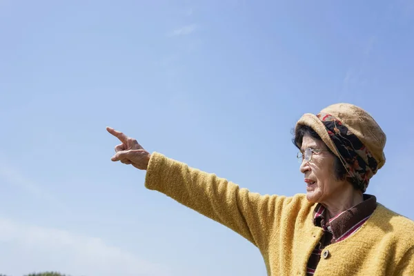 Elderly Woman Pointing Sky Sunny Day — Stock Photo, Image