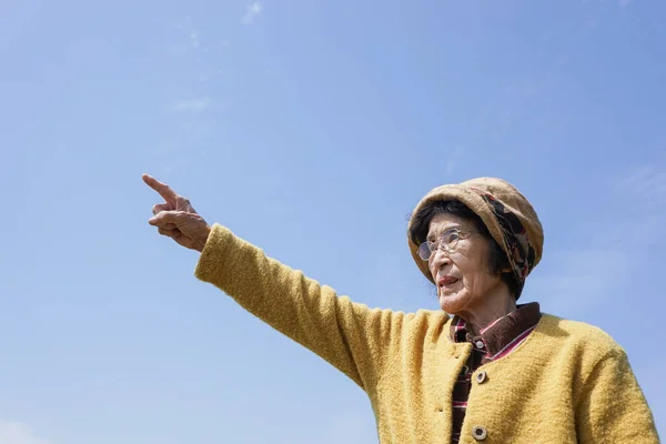 Elderly Woman Pointing Sky Sunny Day — Stock Photo, Image