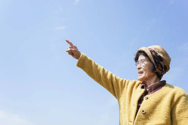 Elderly woman pointing to the sky at sunny day