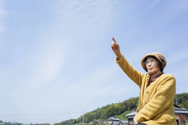 在阳光灿烂的日子指着天空的老年妇女 — 图库照片