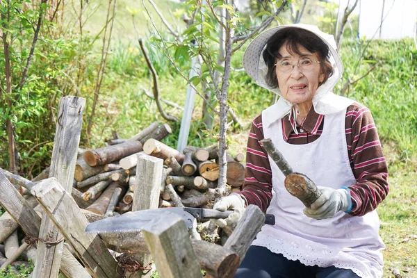 Äldre Asiatisk Kvinna Hugga Ved — Stockfoto