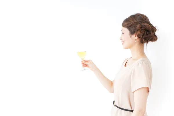 Young Beautiful Woman Drinking Champagne Glass Isolated White Background — Stock Photo, Image