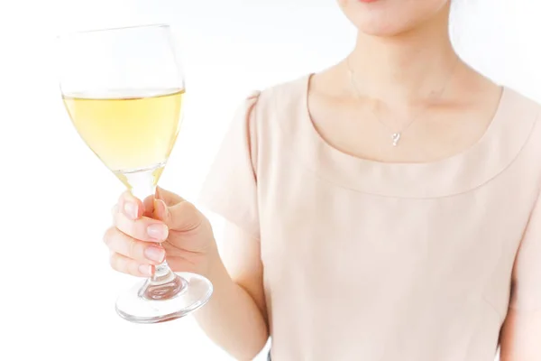 Jong Mooi Vrouw Drinken Champagne Uit Glas Geïsoleerd Witte Achtergrond — Stockfoto