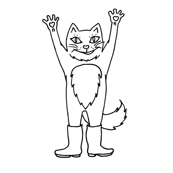 Gelukkig kat in rubber laarzen. Monochroom schets, hand tekenen. Zwarte omtrek op witte achtergrond. Vector illustratie — Stockvector