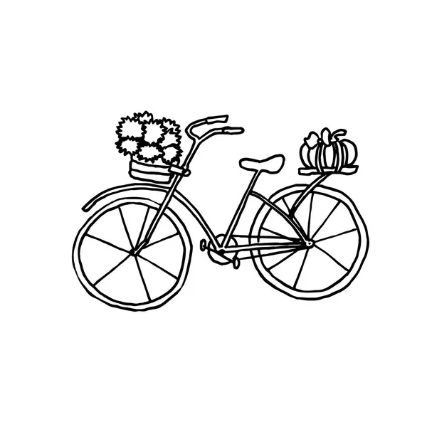 Herbstfahrrad. Monochrome Skizze, Handzeichnung. schwarzer Umriss auf weißem Hintergrund. Vektorillustration — Stockvektor