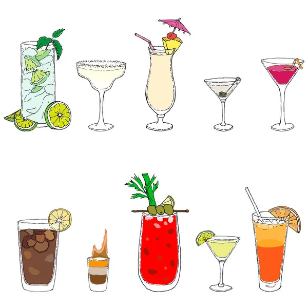 Set der Top 10 Cocktails. bunte Skizze, Handzeichnung. Umriss mit verschiedenen Farben auf weißem Hintergrund. Vektorillustration — Stockvektor