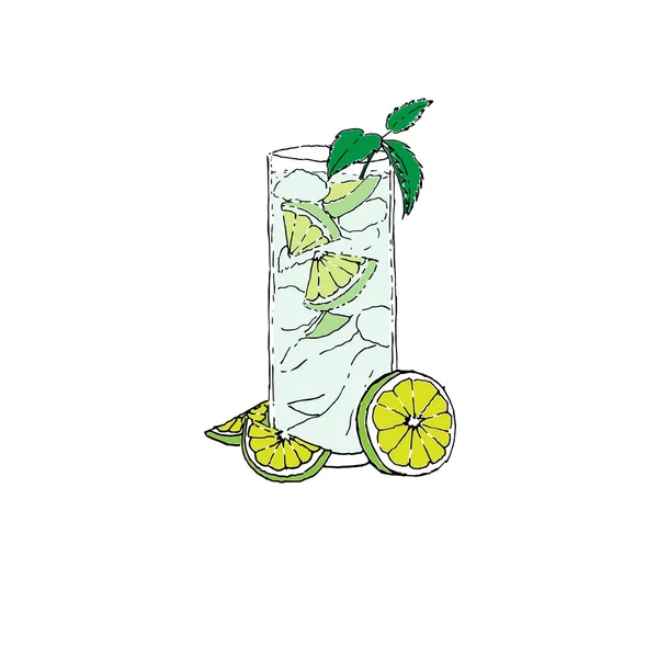 Mojito cocktail kleur digitale tekening vector illustratie. Glas op witte geïsoleerde achtergrond — Stockvector