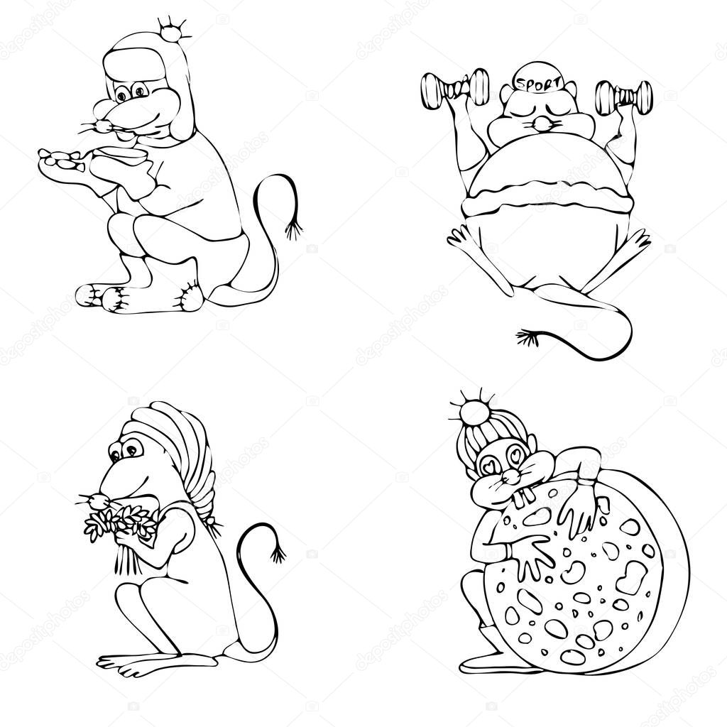 Set Of Mice Dedicated To 4 Seasons Winter Spring Summer And Autumn Animal Symbol Of Chinese New Year 2020 Monochrome Sketch Hand Drawing Black Outline On White Background Vector Illustration