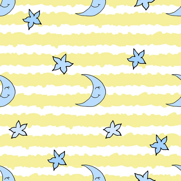 Bezszwowy wzór z ręcznie rysowanego księżyca, gwiazd i żółtych pasków. Ilustracja wektorowa. Eps10 — Wektor stockowy