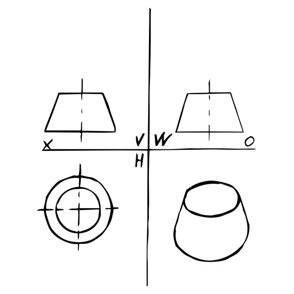 Projeção de cone de frustum. Desenho manual. Esboço preto sobre fundo branco. Ilustração vetorial — Vetor de Stock