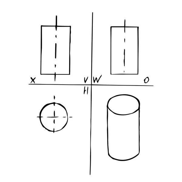 Proyección de cilindro. Boceto, dibujo a mano. Esquema negro sobre fondo blanco. Ilustración vectorial — Vector de stock