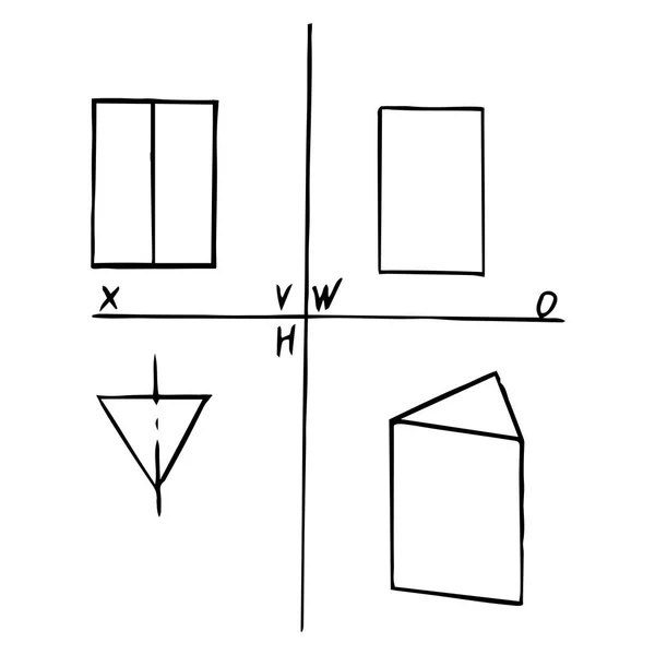 Projectie van driehoekig prisma. Hand tekening. Zwarte omtrek op witte achtergrond. Vector illustratie — Stockvector