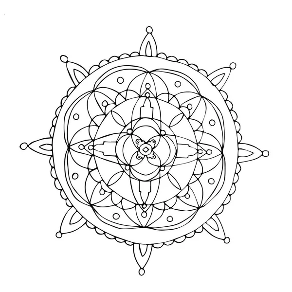 Mandala roue monochrome. Dessin à la main. contour noir sur fond blanc. Illustration vectorielle — Image vectorielle