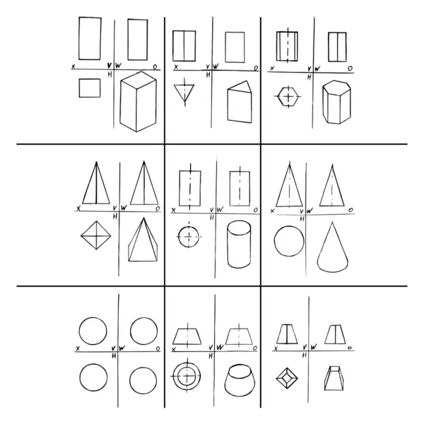 Conjunto de 9 projeções geométricas. Desenho manual. Esboço preto sobre fundo branco. Ilustração vetorial —  Vetores de Stock