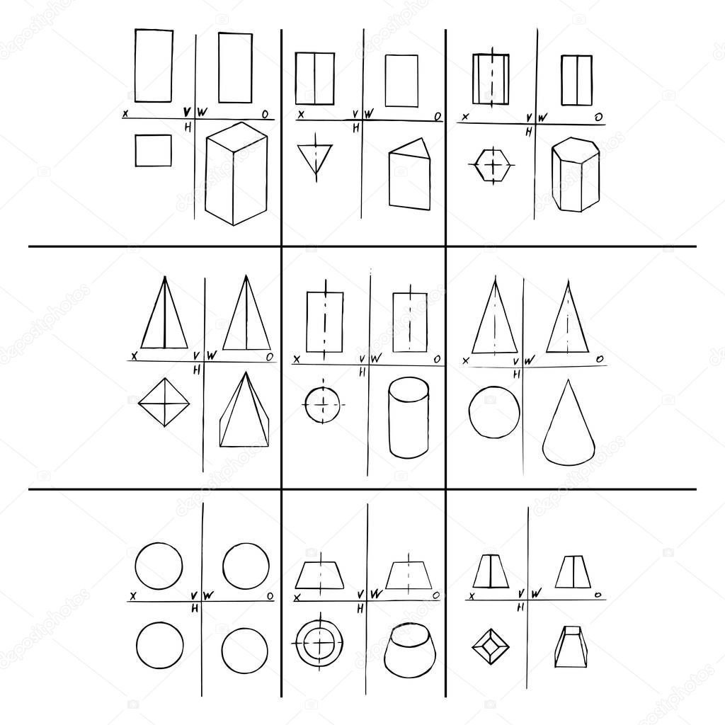Set of 9 geometrical projections. Hand drawing. Black outline on white background. Vector illustration