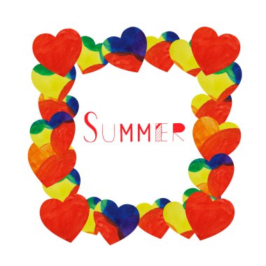 Suluboya gökkuşağı kalplerinden bir çerçeve. El çizim illüstrasyon arka plan