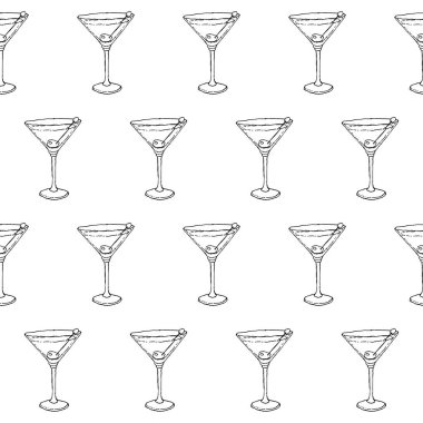 Martini Kuru Kokteyl Dikişsiz Desen. Beyaz izole arka plan üzerinde cam. Vektör çizimi.