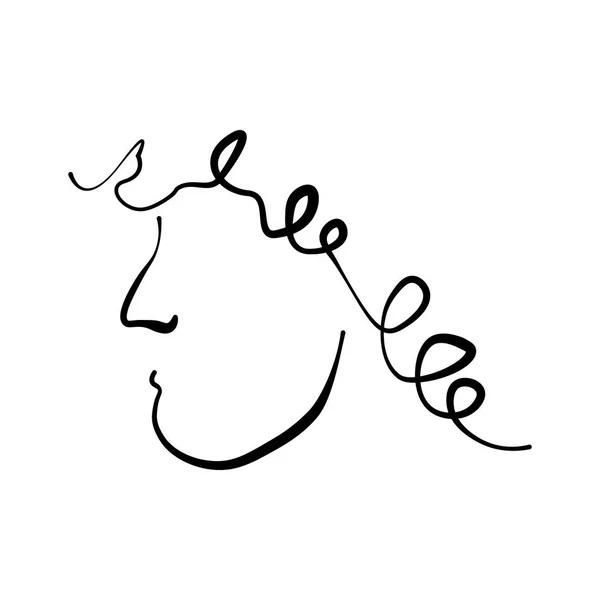 Portrét muže se kudrnatými vlasy. Náčrt linkovou kresbu. Černá osnova na bílém pozadí. Vektorová ilustrace. — Stockový vektor