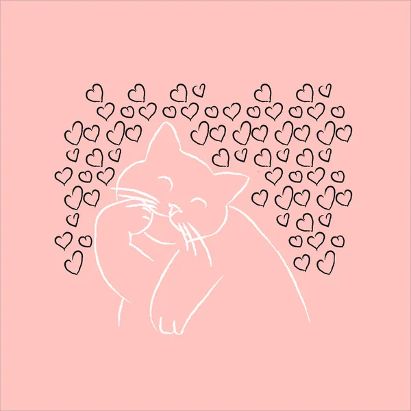 Σιλουέτα λευκής γάτας στις καρδιές. Σκίτσο της γραμμής τέχνης. Περίγραμμα σε ροζ φόντο. Απεικόνιση διανυσματικών φορέων. — Διανυσματικό Αρχείο