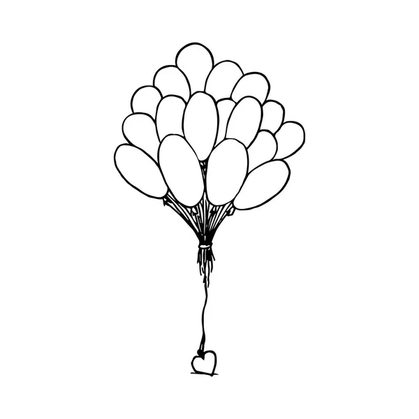Bündel von Luftballons, die mit einem Herz verbunden sind. Handzeichnung Skizze. schwarzer Umriss auf weißem Hintergrund. Vektorillustration — Stockvektor