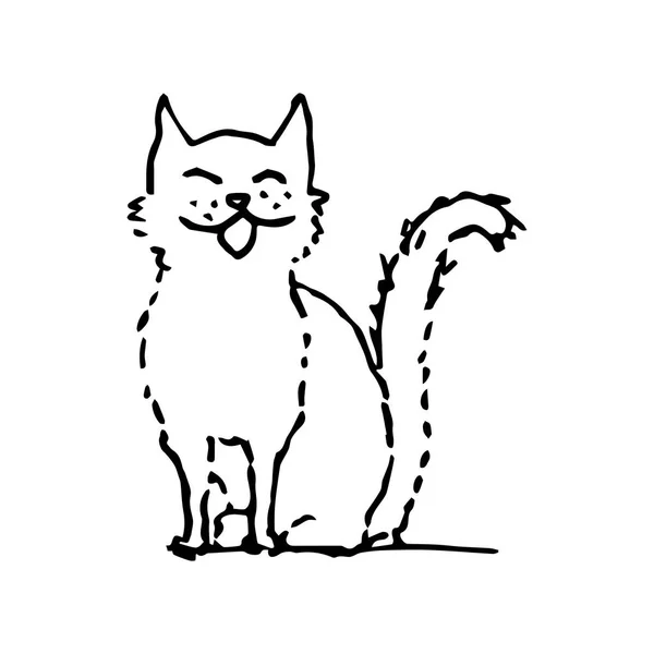 Kat glimlachend, zingen en zitten. Hand tekening schets. Zwarte omtrek op witte achtergrond. Vector illustratie — Stockvector