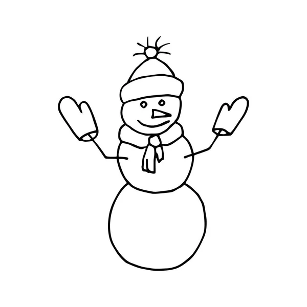帽子、スカーフ、手袋をした雪だるま。冬の手描きスケッチ。白い背景に黒い輪郭。ベクトルイラスト — ストックベクタ