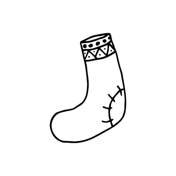 Calcetín de invierno. Dibujo a mano. Esquema negro sobre fondo blanco. Ilustración vectorial — Archivo Imágenes Vectoriales