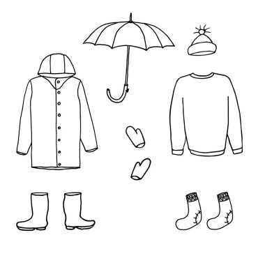 Sonbahar ve kış mevsimi için kalın kıyafetler ve aksesuarlar. Çizgi film çizimi. Beyaz arka planda siyah bir taslak. Vektör illüstrasyonu.