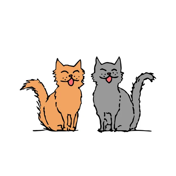 Kattenpaar dat lacht, zingt en zit. Handtekening schets. Kleurrijke omtrek op witte achtergrond. Vectorillustratie — Stockvector