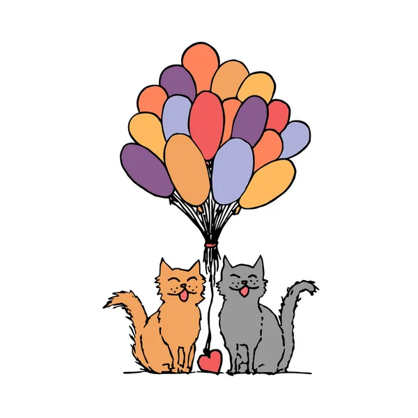 Kattenpaar met een stel ballonnen. Handtekening schets. Kleurrijke omtrek op witte achtergrond. Vectorillustratie — Stockvector