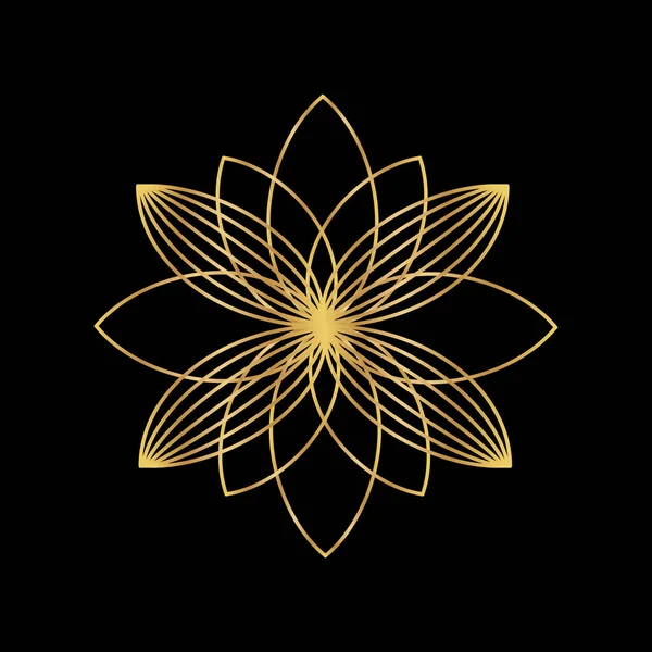 Flor de lótus. Desenho de doodle de arte de linha. Esboço dourado sobre fundo preto. Ilustração vetorial . — Vetor de Stock