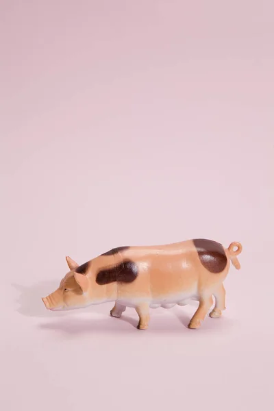 Figurine en plastique de porc fond rose — Photo