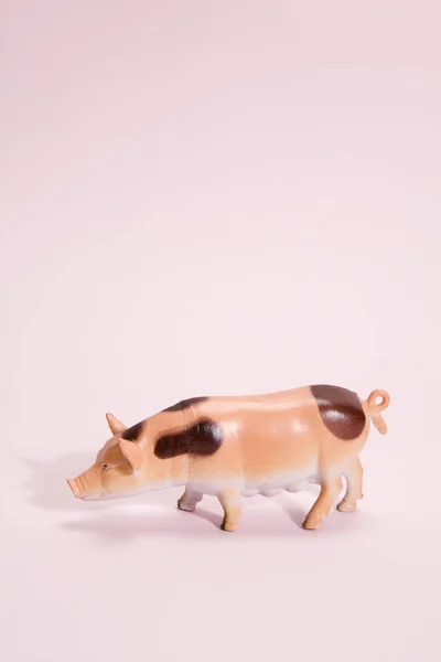 Figurita de plástico de cerdo fondo rosa —  Fotos de Stock