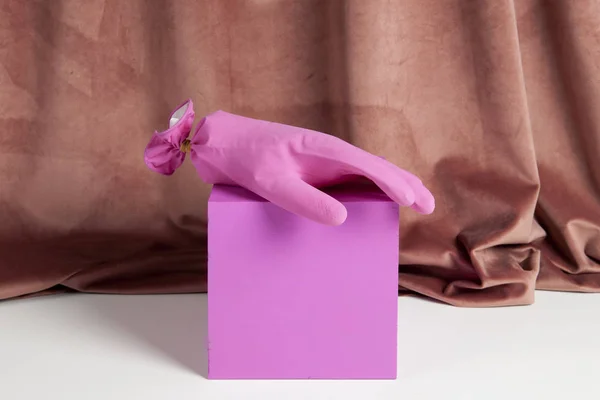 colourful velvet pink plastic glove cube
