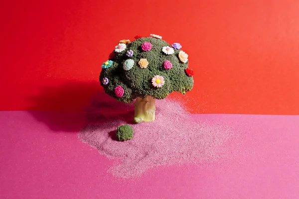 Rosa röda broccoli blommor och sand — Stockfoto