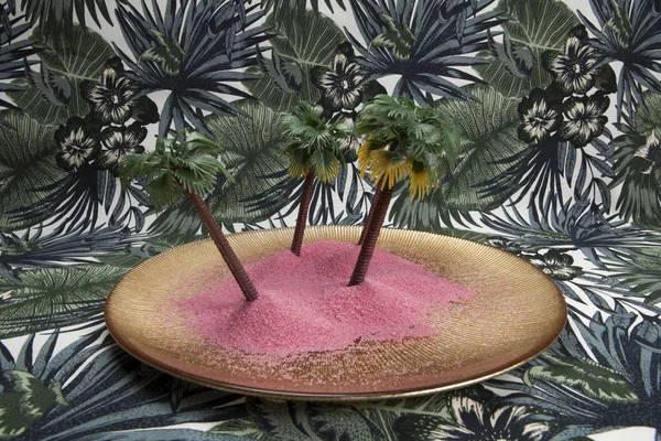 Тропические леса в тарелке с розовым песком — стоковое фото