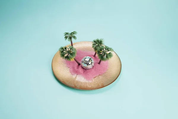 Floresta tropical em um prato com areia rosa e bola de discoteca — Fotografia de Stock