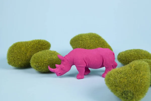 moss rocks and pink pop plastic rhinoceros