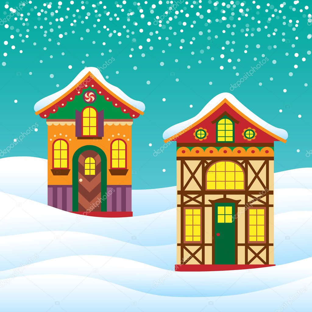 Christmas Background with Gingerbread Houses and Snow. Vector Illustration. Flat Cartoon Style. Winter Village. Decorative Background for Winter Time and Christmas Holidays, Card, Banner, Sticker.