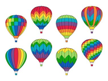 Beyaz izole Hava Balonu Simgeleri kümesi. Vektör İllüstrasyon. Logo, Banner, İşaret, Kart, Seyahat Tasarım. Eğitim Için Kitap Sayfası Tasarımı.
