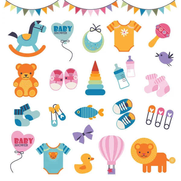 Zestaw słodkich i pięknych ikon dla Baby Shower zdarzenia — Wektor stockowy