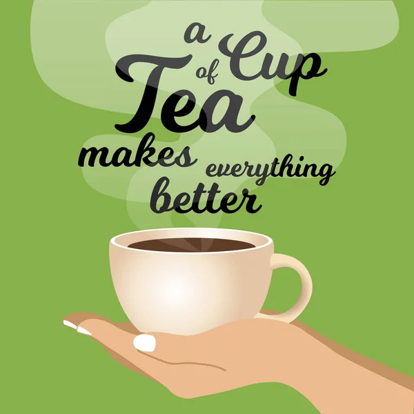 Schöne Karte mit der Tasse leckerem Tee und Schriftzug — Stockvektor