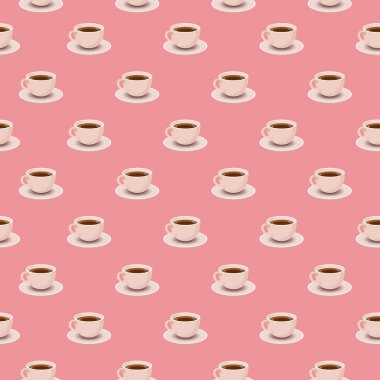 Pembe Üzerinde Beyaz Çay veya Kahve Fincanları ile Dikişsiz Desen