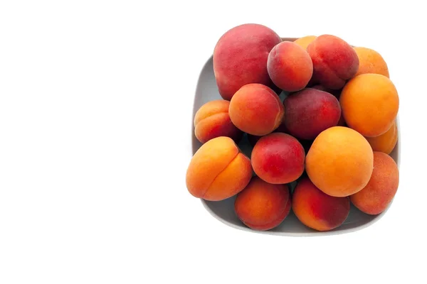 Isoliert frische saftige Pfirsiche Früchte und reife Aprikosen isoliert auf weißem Teller. Sommerfruchtkonzept. Nahaufnahme. Copyspace für Ihren Text — Stockfoto