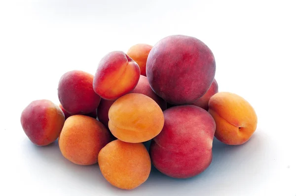 Buah persik segar dan aprikot matang diisolasi dengan latar belakang putih. Konsep buah musim panas. Close-up — Stok Foto