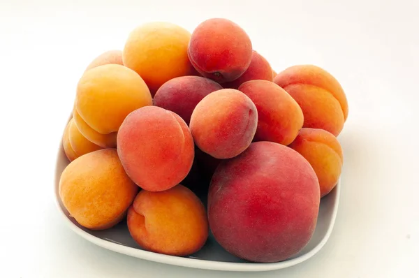 Isolated fresh juicy peaches fruits and ripe apricots isolated on white plate. Summer fruit concept. Close-up