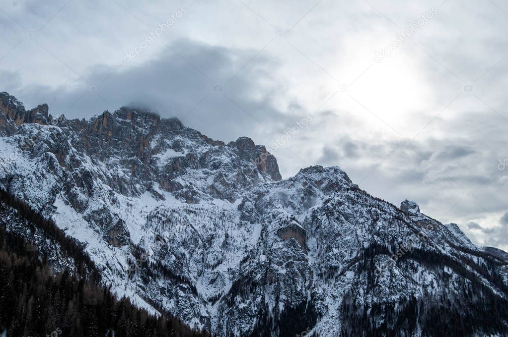 View of Civetta in Dolomite mountains in Italy on winter day