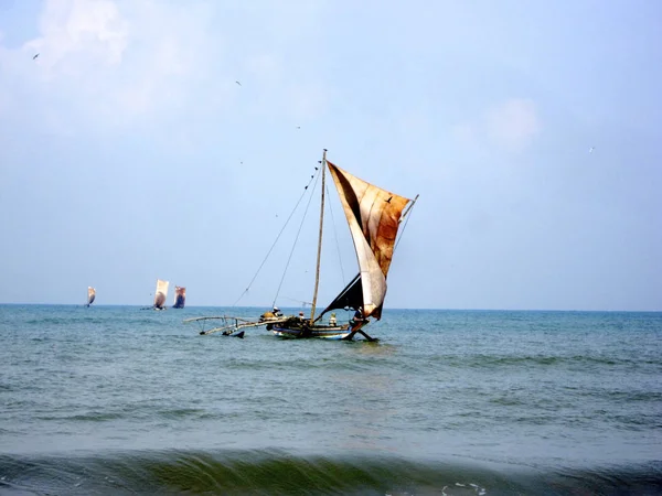 Beautiful wooden ship with leather sails on mast fluttering in w