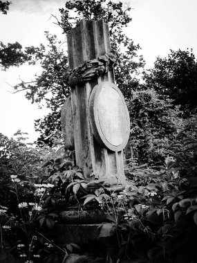 Ağaçların arasında taş mezarlar ile eski terk edilmiş Yahudi mezarlığı